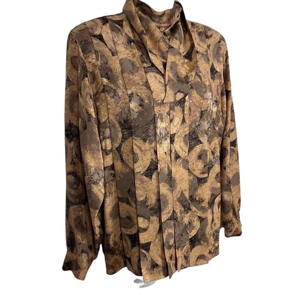 Vintage Pura Seta Silk Secretary Blouse 6 Bronze Swirls Satin Bow High Neck - Picture 3 of 6
